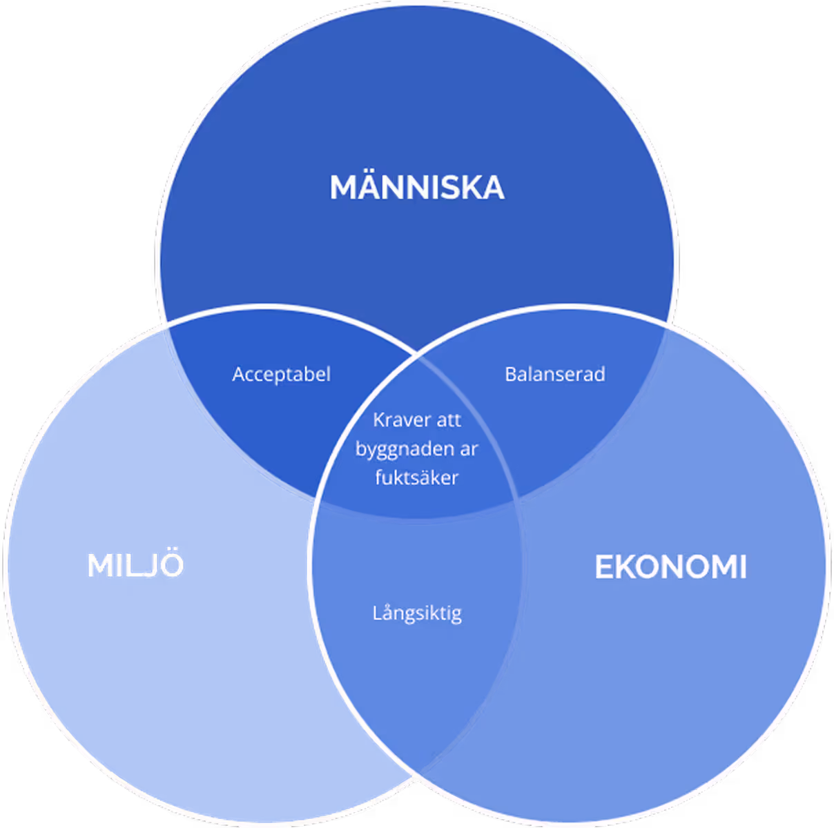 Venndiagram med Människa, Miljö och Ekonomi. Överlappen visar Acceptabel, Balanserad och Långsiktig, och i mitten: Kräver att byggnaden är fuktsäker.